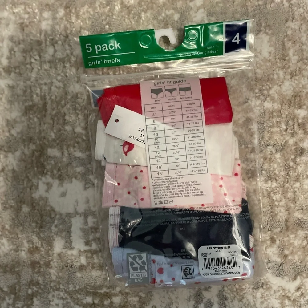 Wonder Nation Girls Tag less' Briefs 5-Pack - Red, White, Pink, Black size 4-NWT